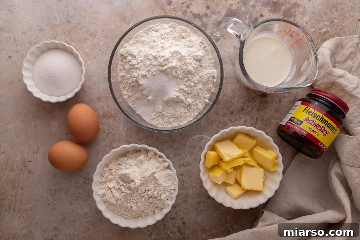 Brioche dough ingredients including flour, milk, eggs, butter, sugar, and active dry yeast