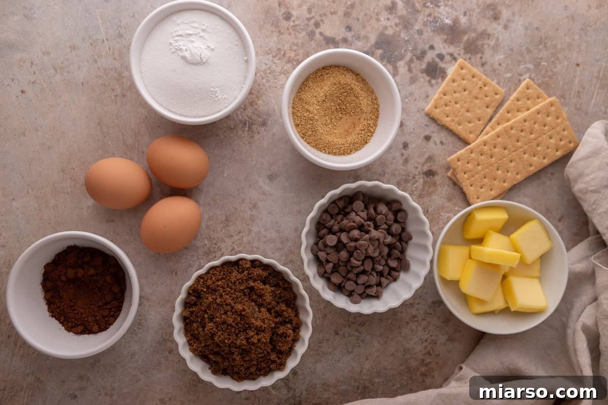 Chocolate graham filling ingredients including cocoa powder, brown sugar, chocolate chips, butter, eggs, and graham crackers