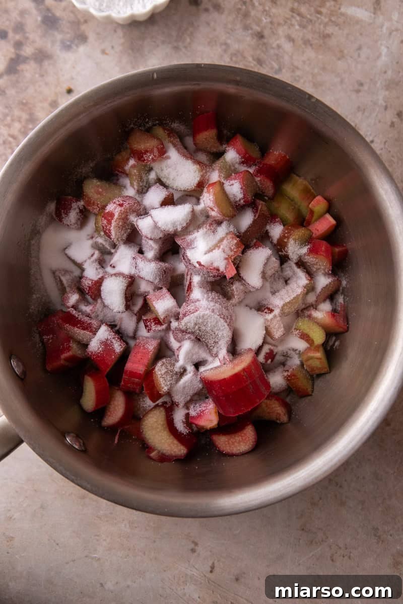Tangy Rhubarb Crumble Bars with Oat Streusel 4 Chopped fresh rhubarb and granulated sugar combined in a stainless steel saucepan before cooking
