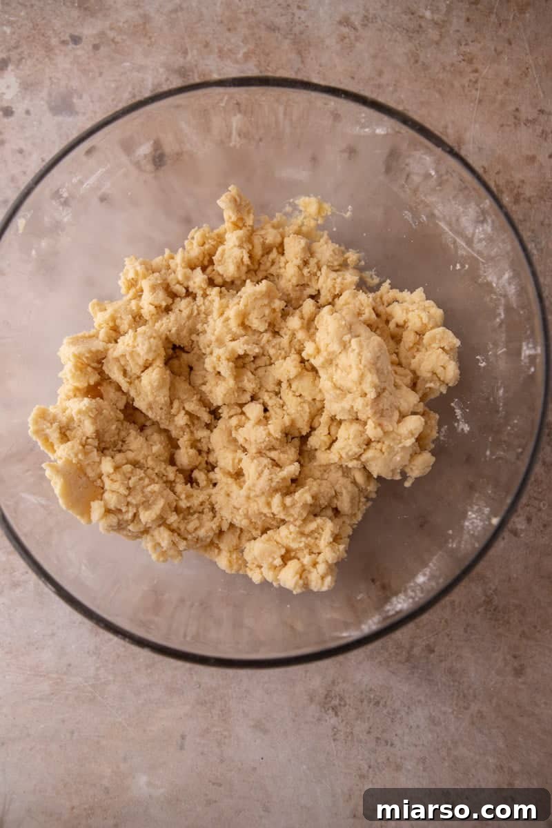 Tangy Rhubarb Crumble Bars with Oat Streusel 7 Shortbread crumble dough mixed to a coarse shaggy texture in a glass bowl, ready to press into the pan