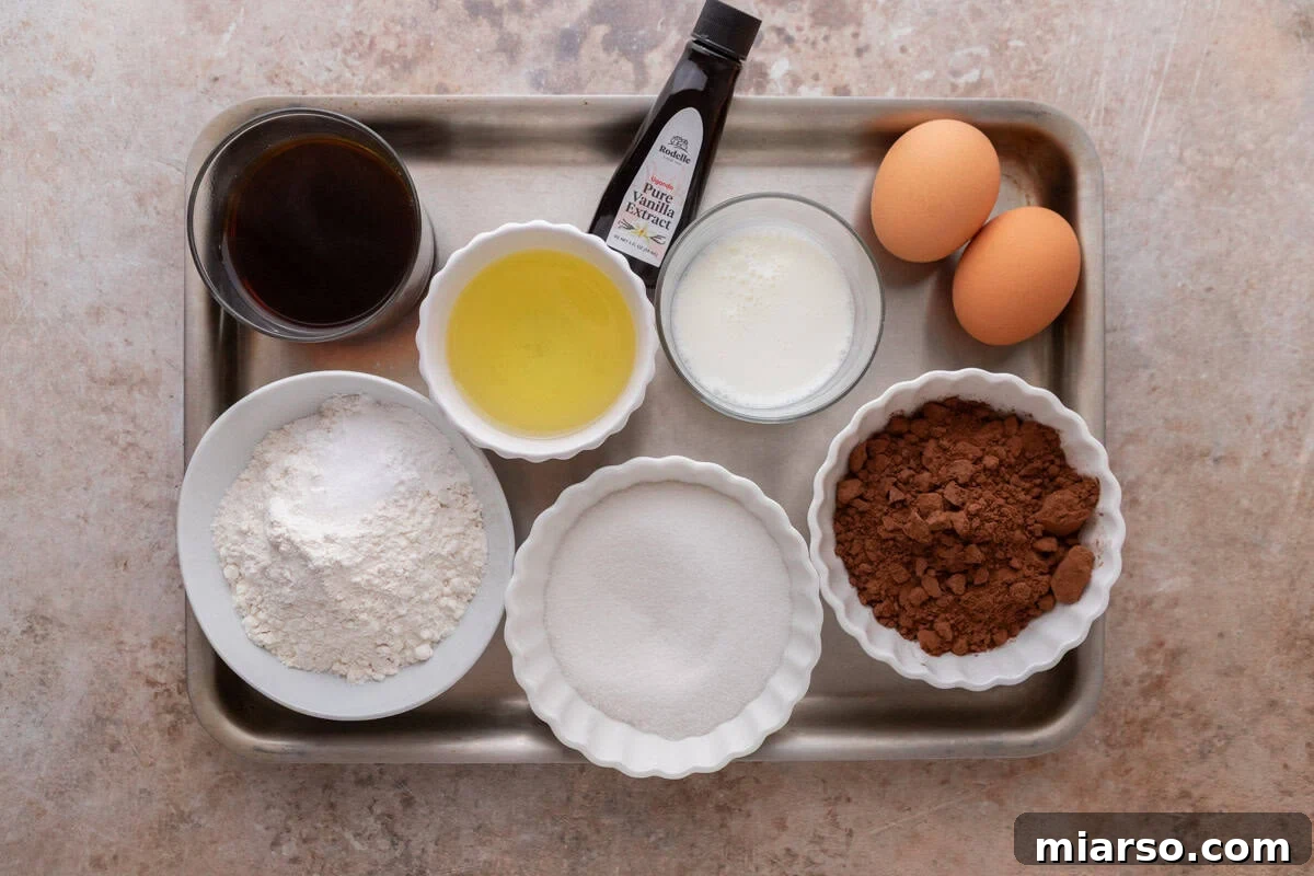 Decadent Chocolate Mousse Cake Recipe 3 Ingredients for the chocolate sponge cake layer arranged on a sheet pan including flour, Dutch-process cocoa powder, sugar, vegetable oil, eggs, buttermilk, vanilla extract, and brewed coffee