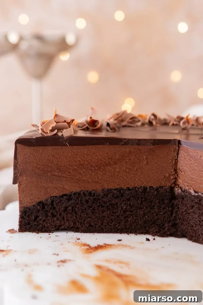 Decadent Chocolate Mousse Cake Recipe 19 Close-up cross-section of chocolate mousse cake showing the dark chocolate sponge base, thick airy chocolate mousse middle layer, and glossy chocolate ganache top with chocolate curls