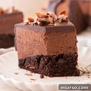 Decadent Chocolate Mousse Cake Recipe 20 A tall slice of chocolate mousse cake on a white scalloped plate showing the moist chocolate sponge base, thick airy chocolate mousse layer, and glossy ganache topped with chocolate curls, with bokeh lights in the background