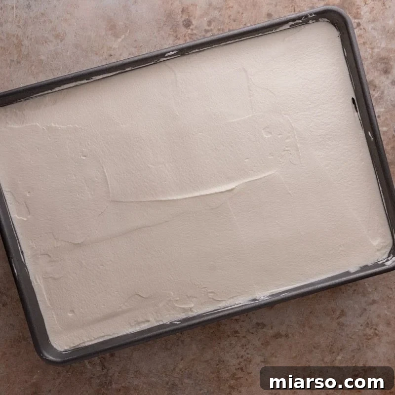 Whipped cream spread evenly over soaked tres leches cake in the pan
